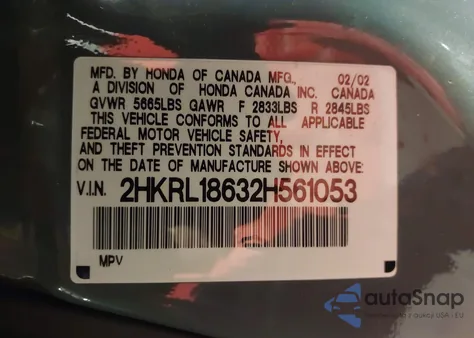 2002 Honda Odyssey Ex z USA, uszkodzony, nr VIN 2HKRL18632H561053